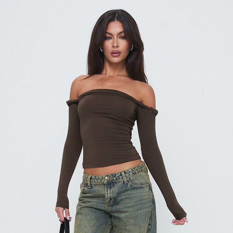 Damen Offshoulder Langarmshirt mit eleganten Drapierungen EB
