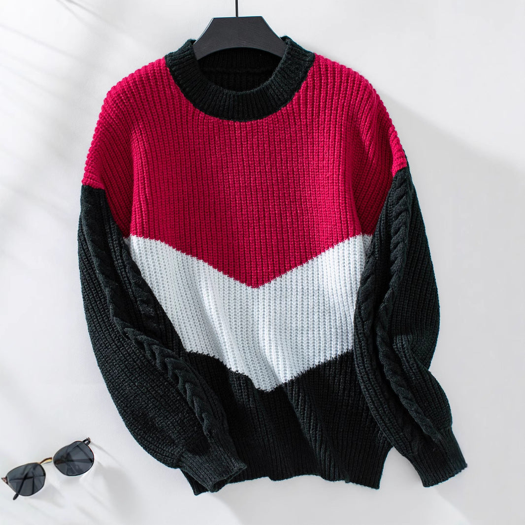 Damen Strickpullover mit modernen Farbblocklinien und Zopfmuster EB