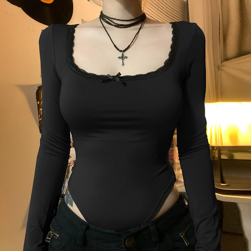 Damen Elegantes Langarm-Bodysuit mit Zierborte EB