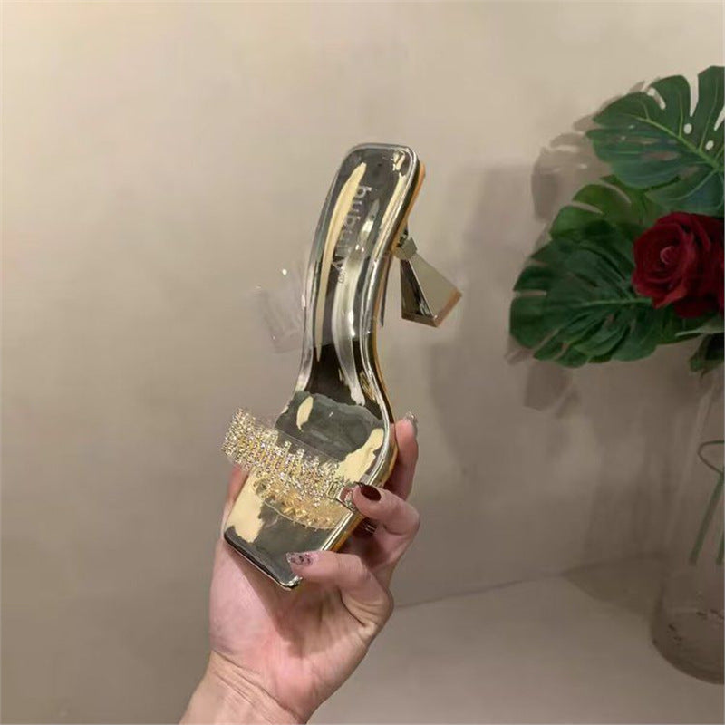 Damen elegante High Heel Sandalen mit transparentem Riemendesign und funkelnden Strassakzenten EB