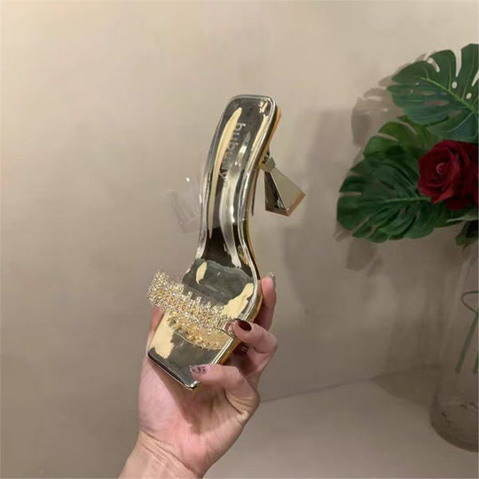 Damen elegante High Heel Sandalen mit transparentem Riemendesign und funkelnden Strassakzenten EB
