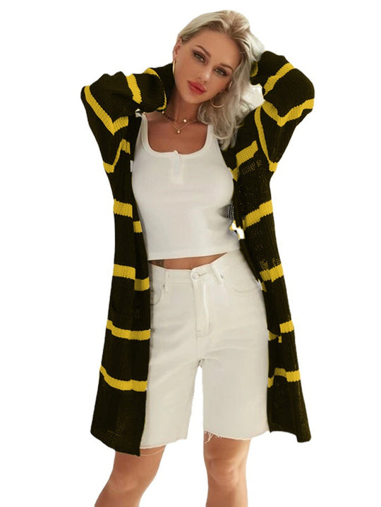 Damen Langer Strickcardigan mit Streifenmuster und offenem Design EB