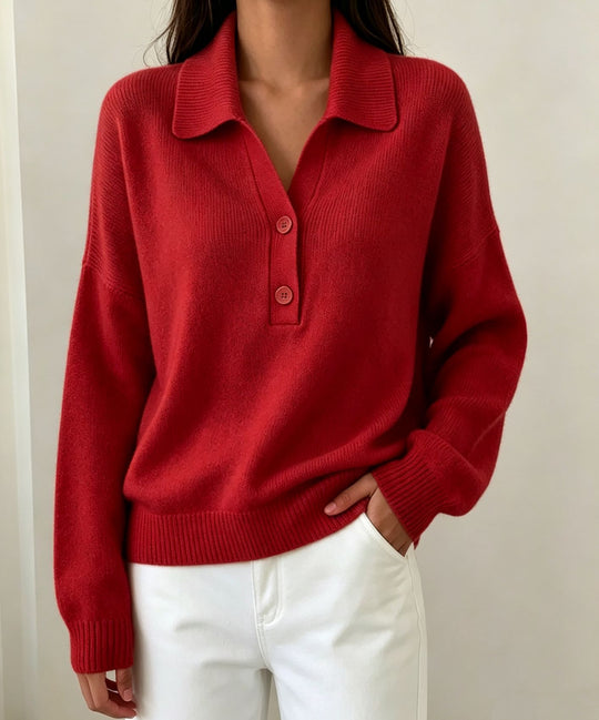 Damen Polokragen-Pullover mit halber Knopfleiste und geripptem Saum EB