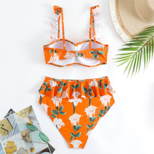 Damen Bikini-Set mit floralem Rüschendesign und elegantem Wickelrock EB