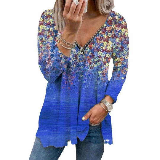 Damen Langarmshirt mit farbenfrohem Blütenmuster und modernem Zipper EB