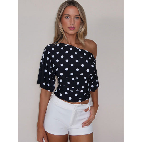 Damen Off-Shoulder Oberteil mit Punkten und voluminösen Ärmeln EB
