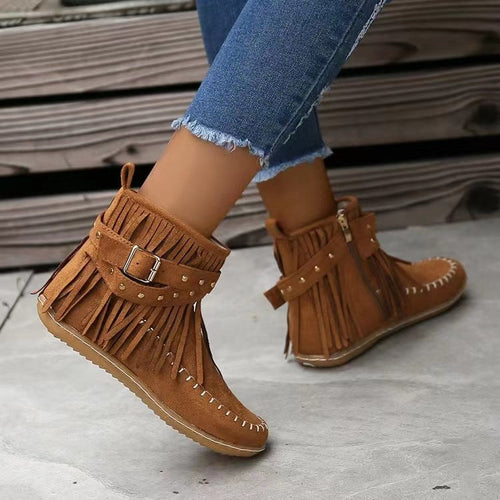EB | Wildlederstiefel Fransen Detail Mokassin Stil Nietenriemen Flache Sohle