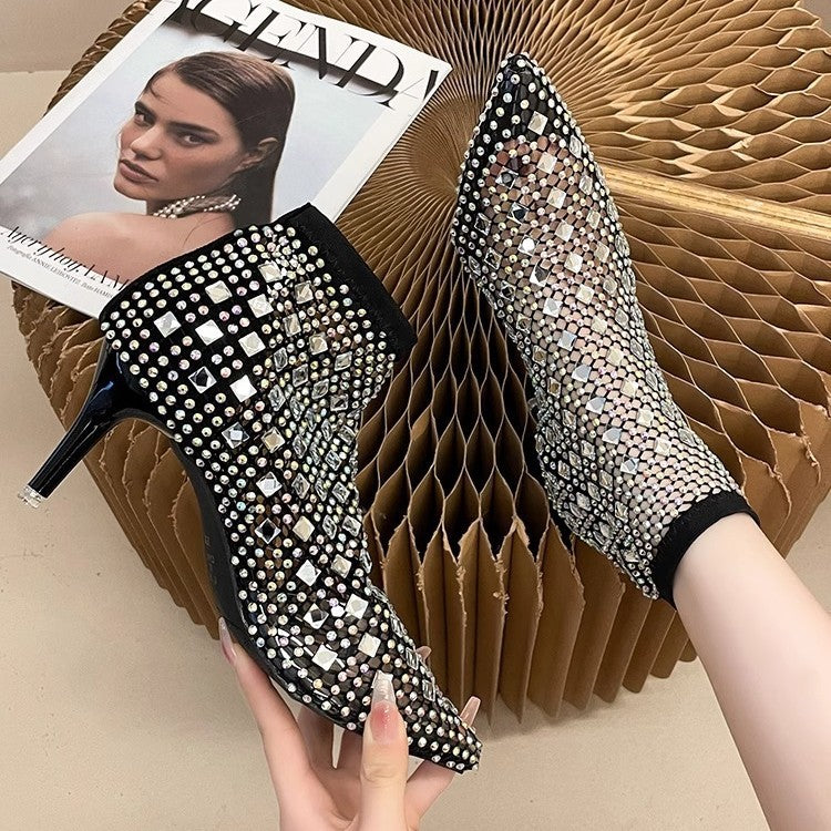 Damen elegante Netz-Stiefeletten mit funkelnden Strassverzierungen EB