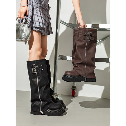 Damen modische Overknee-Stiefel mit robustem Plateau und dekorativen Schnallen EB