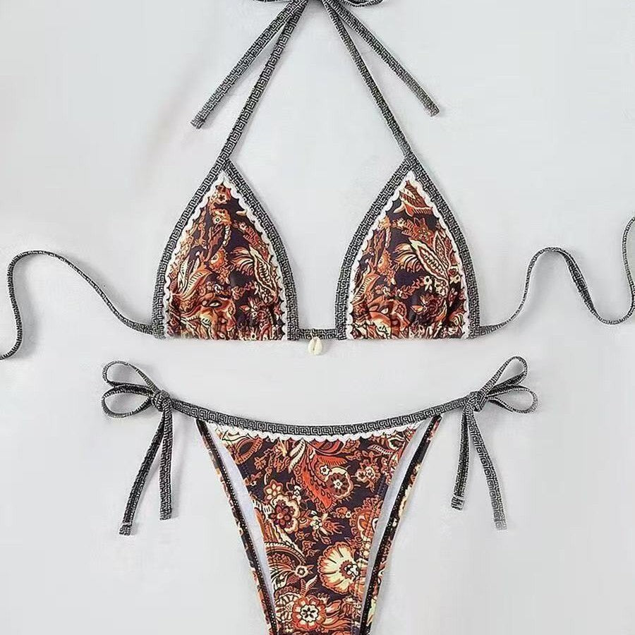 Damen Triangel-Bikini mit floralem Muster und verstellbaren Bindebändern EB