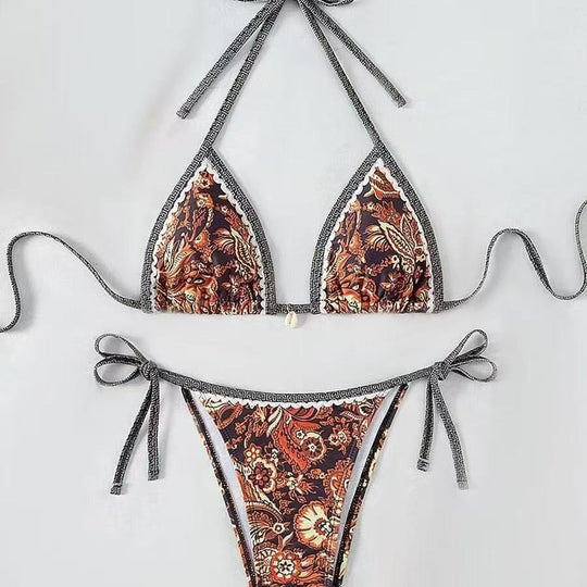 Damen Triangel-Bikini mit floralem Muster und verstellbaren Bindebändern EB