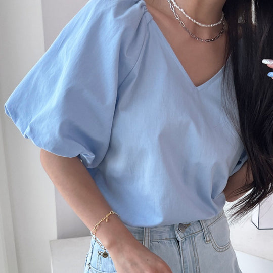 Damen Puffärmel V-Ausschnitt Top EB