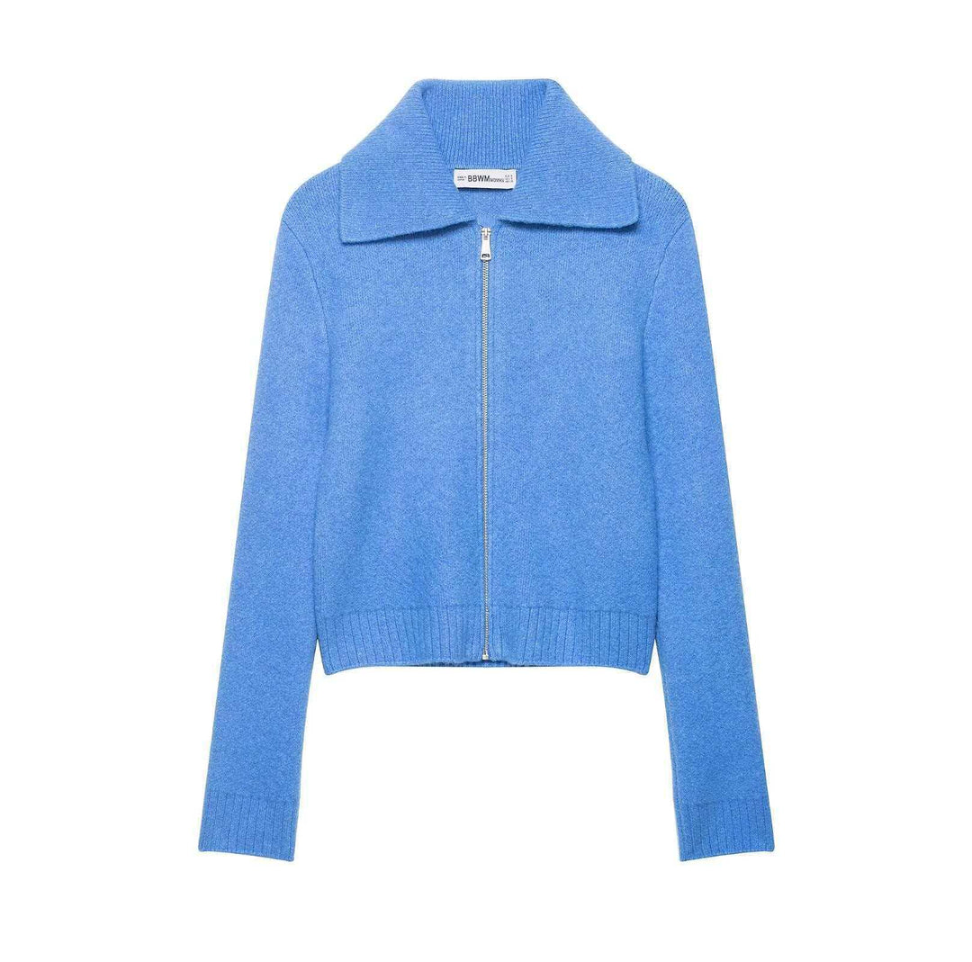Damen nan kurz geschnittene Strickjacke mit Reißverschluss, breitem Umlegekragen und Rippbund EB