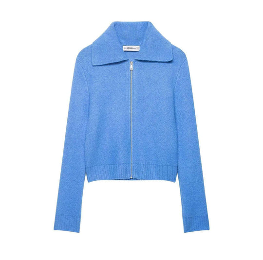 Damen nan kurz geschnittene Strickjacke mit Reißverschluss, breitem Umlegekragen und Rippbund EB
