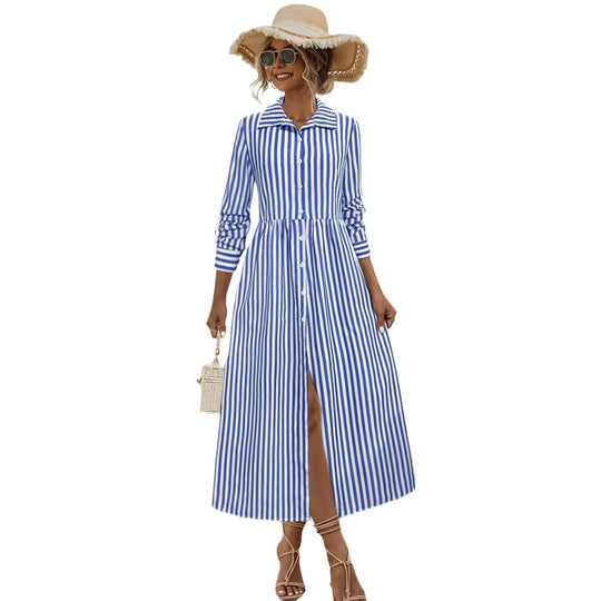 Damen Midi-Kleid mit eleganten Streifen und strukturierter Knopfleiste EB