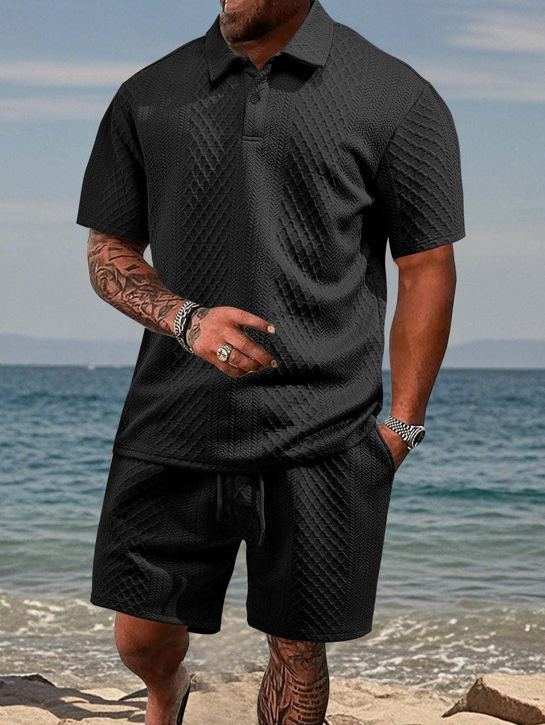 Herren nan geprägtes Strand-Ensemble mit offenem Kurzarm-Hemd und Kordel-Bermuda EB