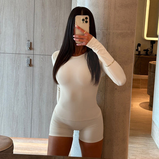Damen nahtloses Thermo-Unterwäsche-Set aus formender Mikrofaser mit Langarmshirt und taillierter Hotpants EB
