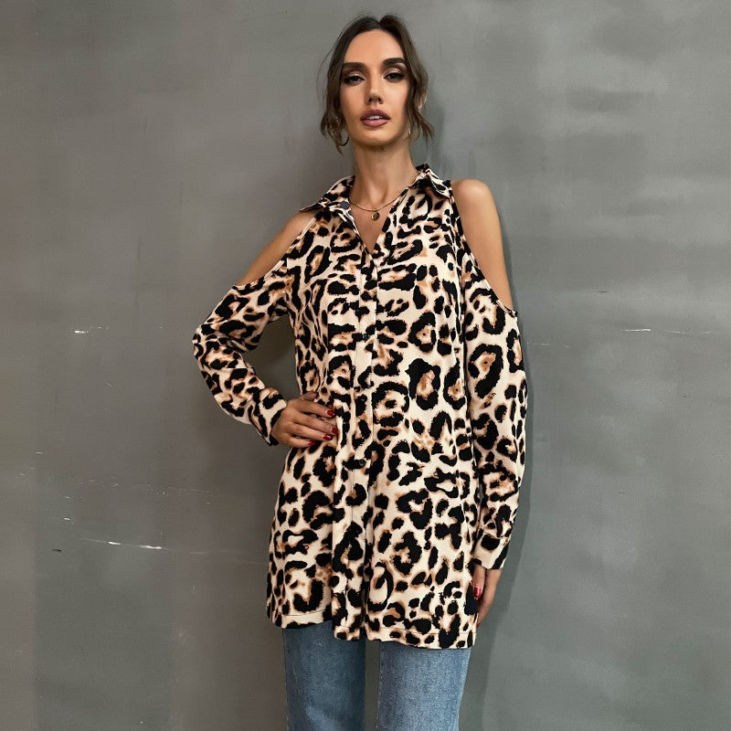 Damen Bluse mit offenen Schultern und Leopardenmuster EB