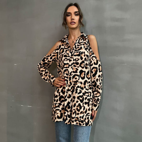 Damen Bluse mit offenen Schultern und Leopardenmuster EB
