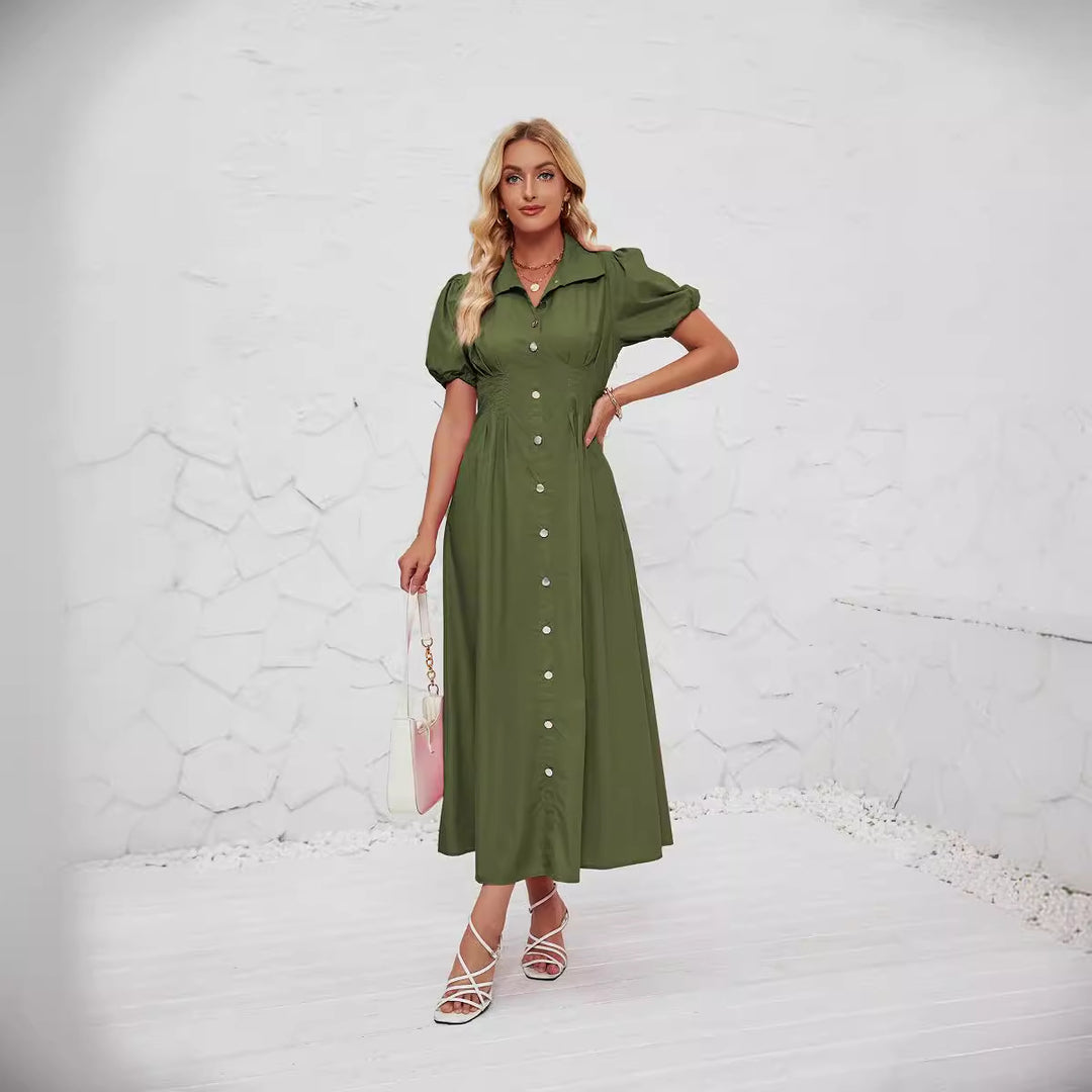 Damen Maxikleid mit schickem Hemdkragen und volumetrischen Puffärmel EB
