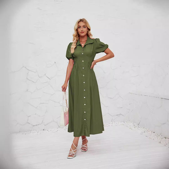 Damen Maxikleid mit schickem Hemdkragen und volumetrischen Puffärmel EB