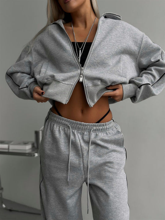 Damen nan kurzes Reißverschluss-Hoodie und hohe Taillen-Jogginghose Set mit dekorativer Seitenpaspel EB