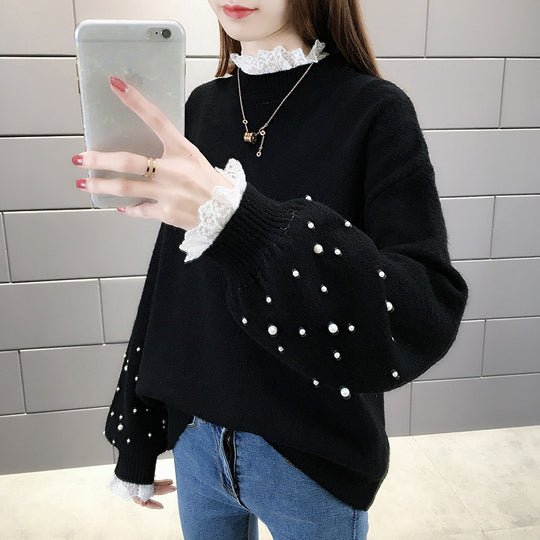 Damen trendiger Strickpullover mit Perlendetails und voluminösen Ärmeln EB