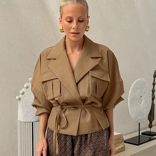 Damen Elegante Utility-Jacke mit Taillengürtel und praktischen Taschen EB
