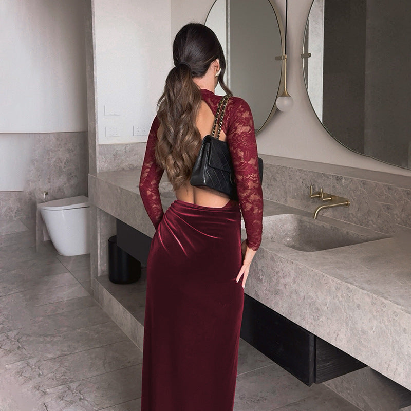 Damen Elegantes Maxi-Kleid mit Spitze und raffiniertem Taillengürtel EB