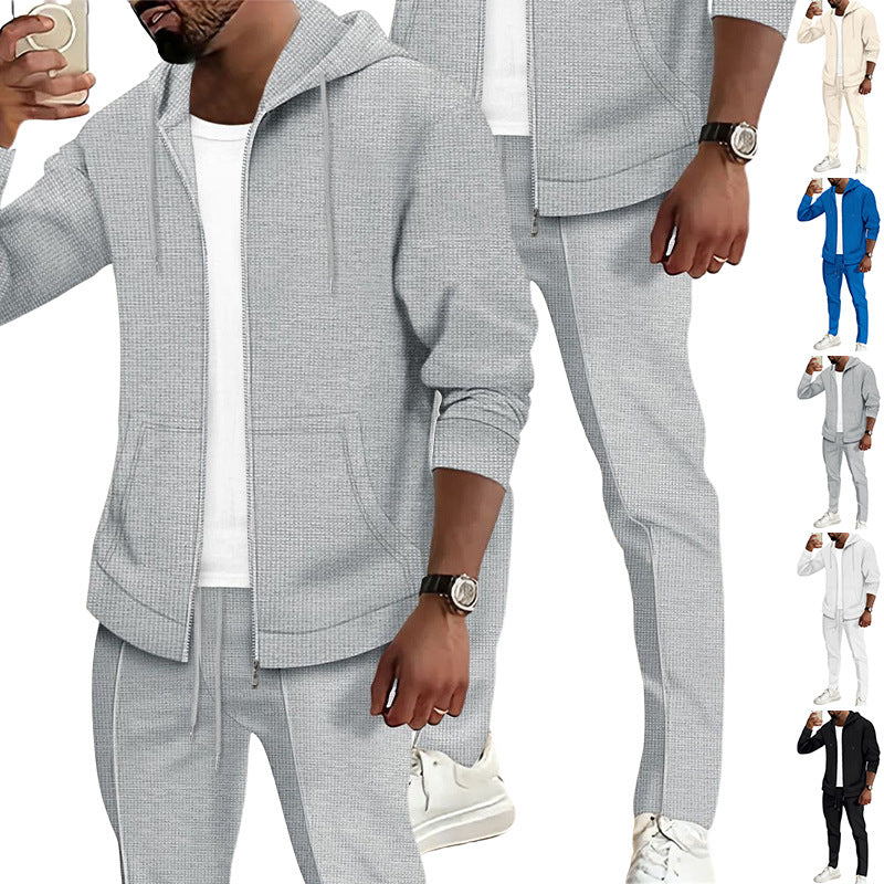 Herren nan Waffelstruktur-Jogginganzug mit Kapuzen-Zipjacke und konisch geschnittener Jogginghose EB