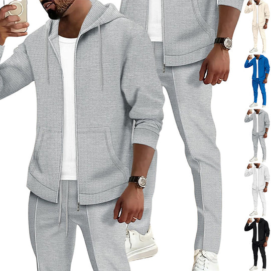 Herren nan Waffelstruktur-Jogginganzug mit Kapuzen-Zipjacke und konisch geschnittener Jogginghose EB