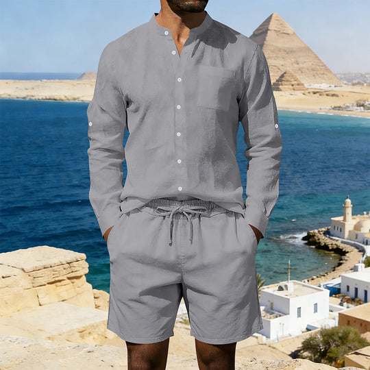 Herren nan sommerliches Leinen-Set mit Stehkragenhemd und Kordelzug-Kurzhose EB