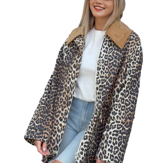 Damen modische Leopardenjacke mit funktionalen Taschen und umschlagbarem Kragen EB