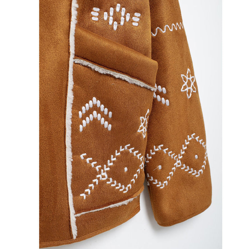 Damen modische Jacke mit gestickt und eleganter Teddykragen EB