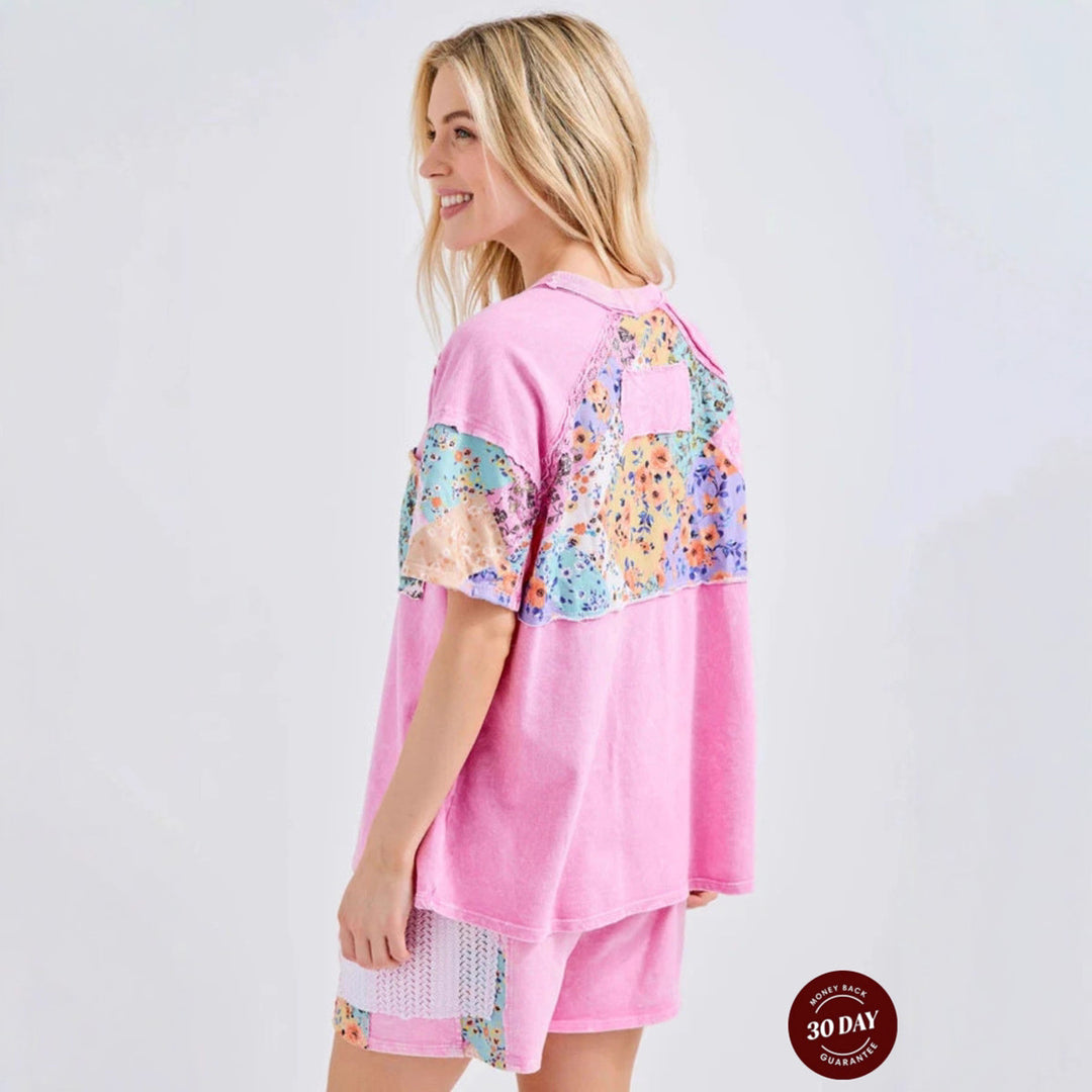 Damen nan lässiges Loungewear-Zweiteiler mit Oversize-Shirt, Kordelshorts, Patchwork-Tasche und Häkelbesatz EB