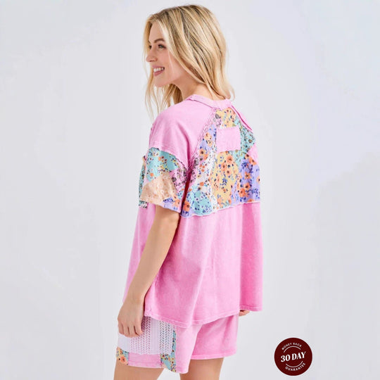Damen nan lässiges Loungewear-Zweiteiler mit Oversize-Shirt, Kordelshorts, Patchwork-Tasche und Häkelbesatz EB