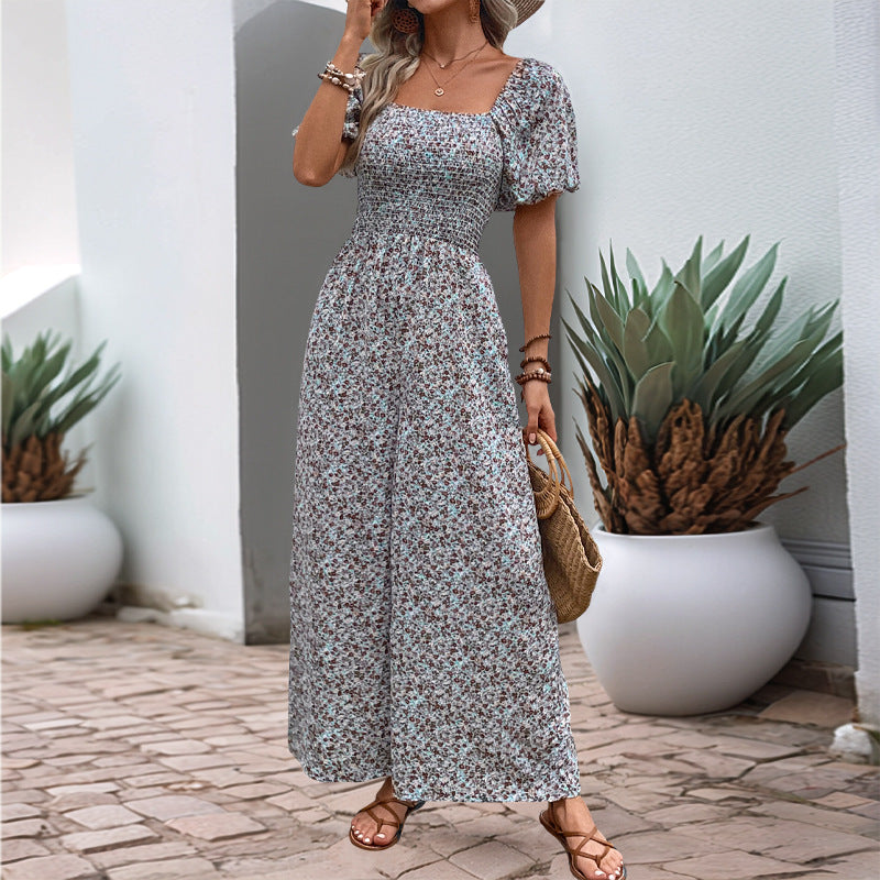 Damen farbenfrohes Blumensommeroverall mit Puffärmeln EB
