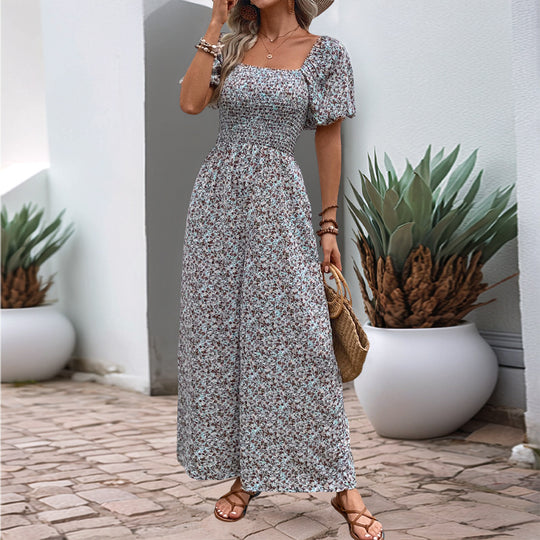 Damen farbenfrohes Blumensommeroverall mit Puffärmeln EB