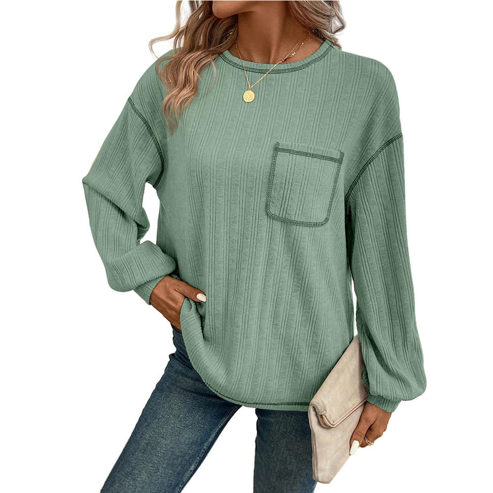 Damen Bequemer Langarm-Shirt mit Rippenstruktur und Brusttasche EB