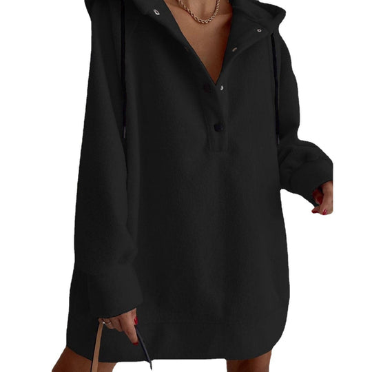 Damen nan kuscheliges Kapuzen-Fleece-Tunika-Sweatshirt mit Druckknopfleiste und überschnittener Schulter EB