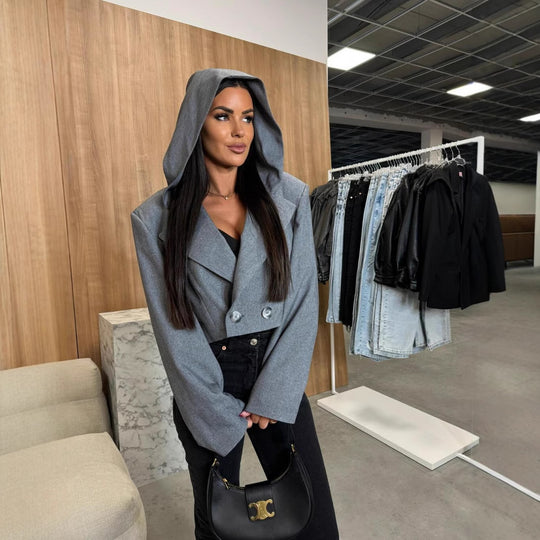 Damen Modische Jacke mit Kapuze und doppelter Knopfleiste EB