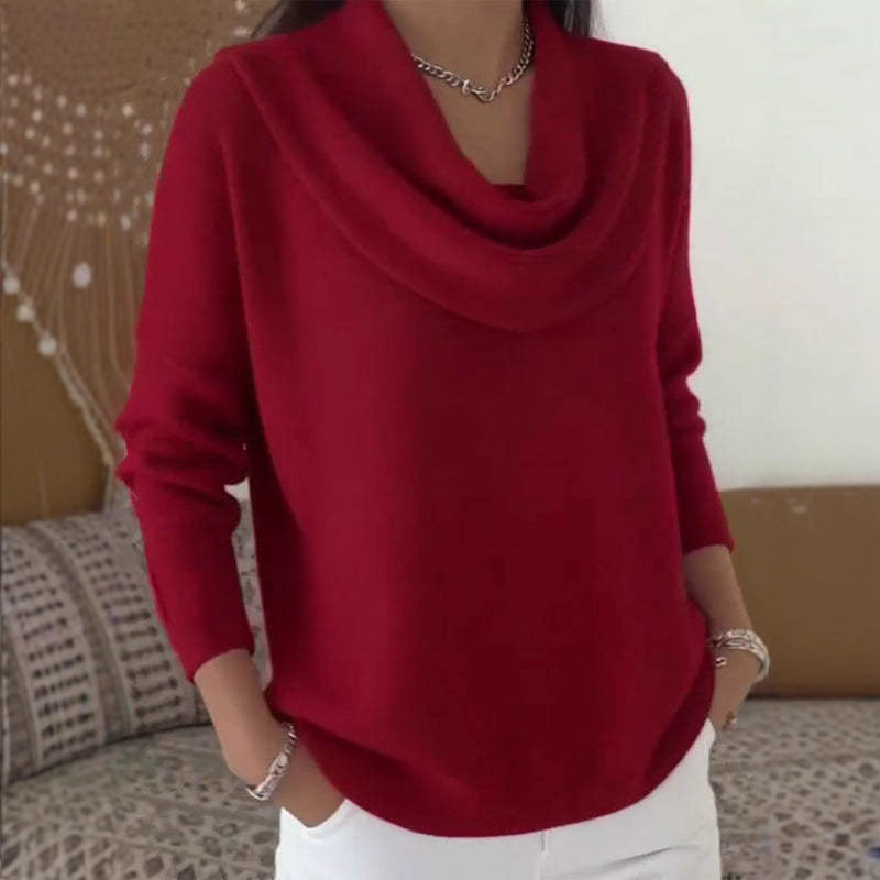 Damen nan schimmernder Strickpullover mit Wasserfallkragen, feiner Glitzerstruktur und schmalem Saum EB