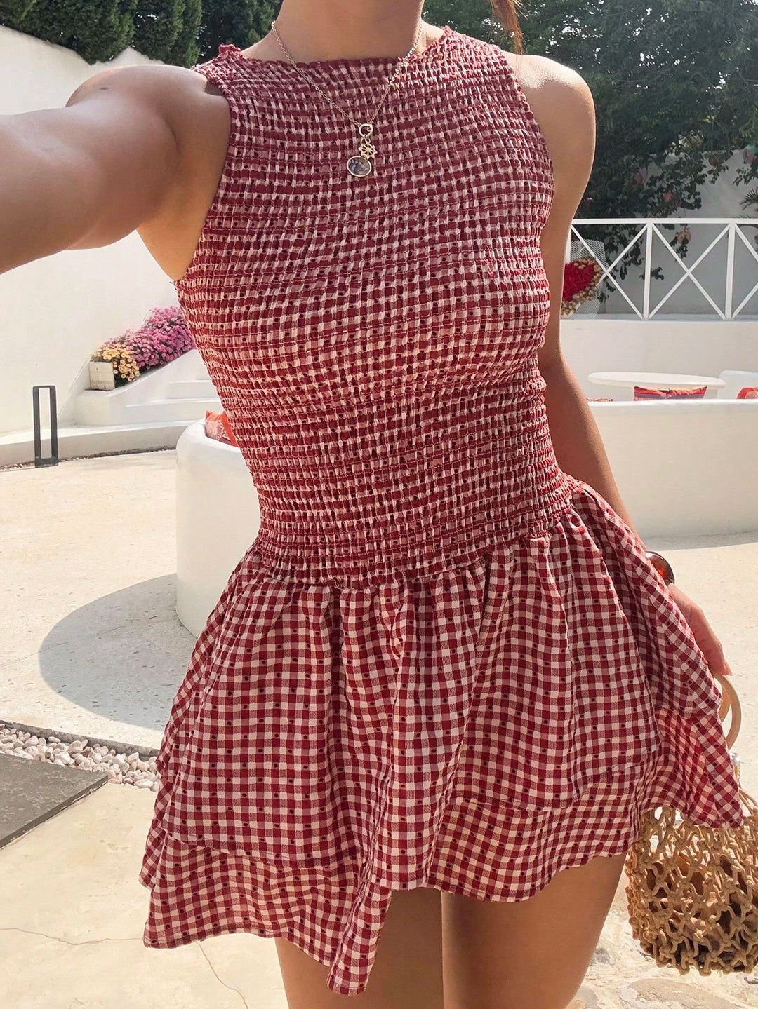 Damen ärmelloses Mini-Dress mit Karomuster und elastischem Bund EB