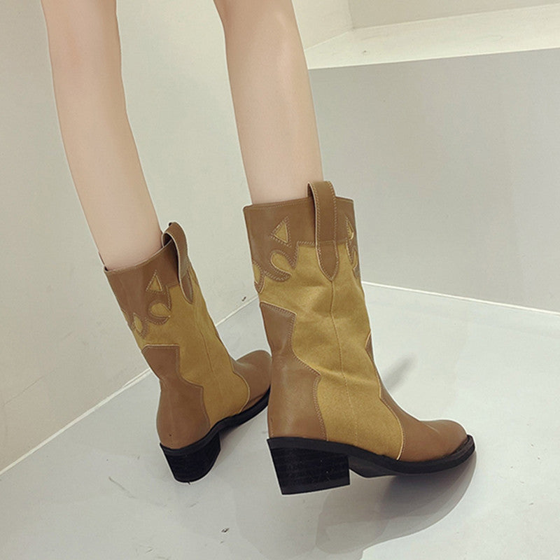 Damen Stiefeletten im Cowboy-Stil mit einzigartigem Design und kompaktem Absatz EB