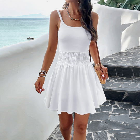 Damen luftiges Sommerkleid mit elastischem Tailleneinsatz und Spaghettiträgern EB