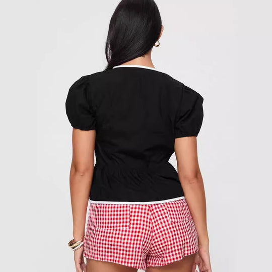 Damen Crop-Oberteil mit Puffärmeln und verstellbaren Bindebändern EB