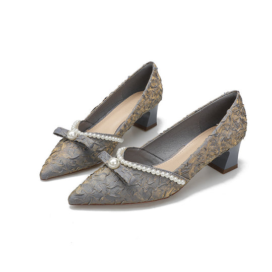 Damen elegante Pumps mit perlverziertem Riemen und komfortablem Blockabsatz EB