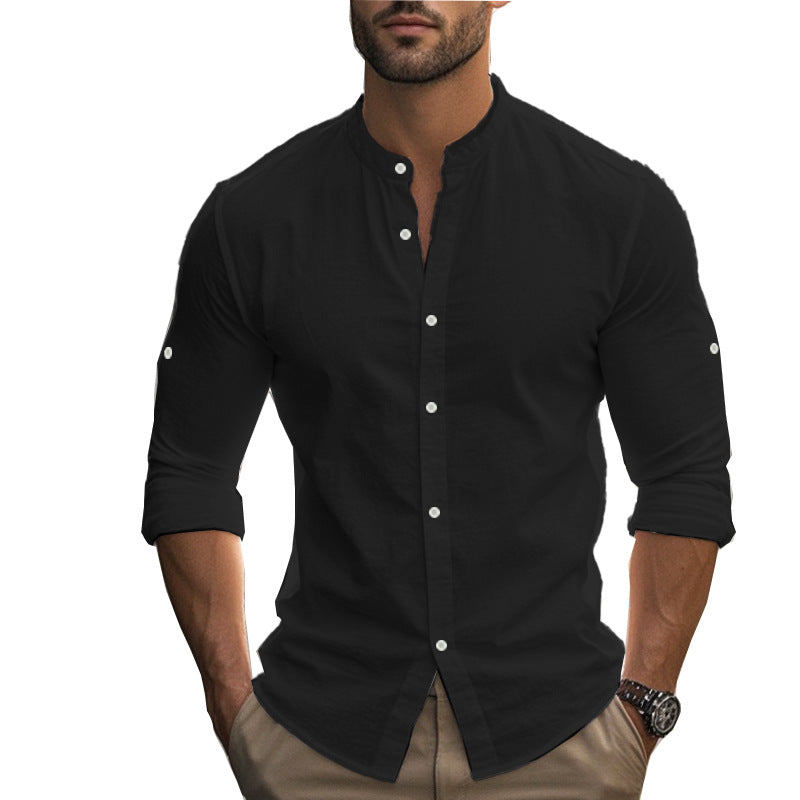 Herren Langarm-Hemd mit modernem Henley-Kragen und kontrastierenden Knopfdetails EB