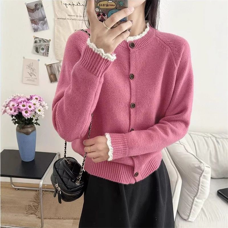 Damen Strickjacke mit Knopfdetails und dekorativem Kragen EB