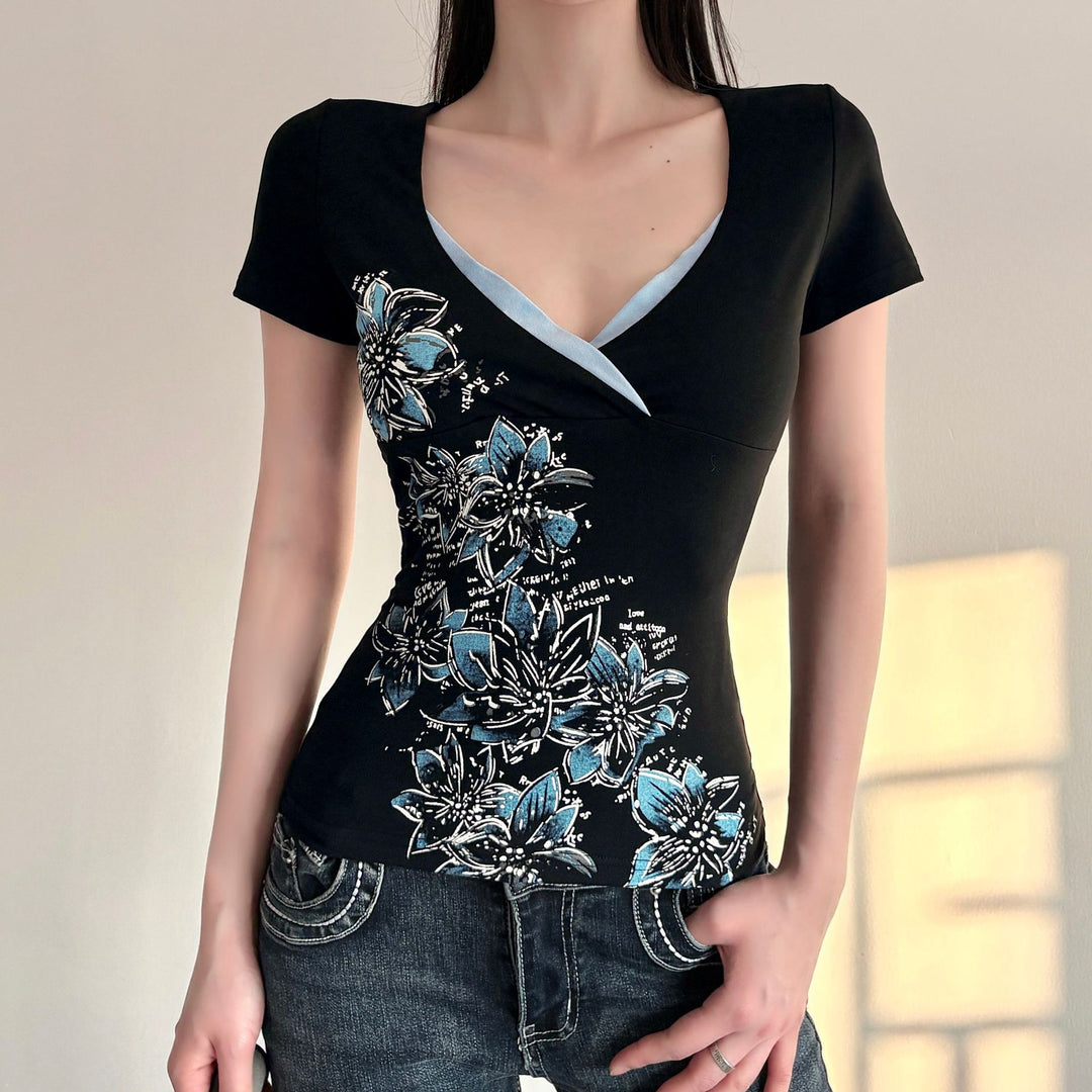 Damen figurbetontes T-Shirt mit floralem Druck und V-Ausschnitt EB